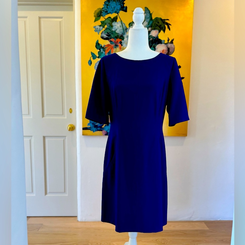 Tahari Blue Short Sleeve Dress Back Gold Zipper Size 12